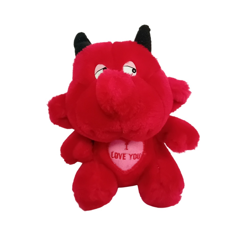 Vintage 90s Valentines Day Red Devil Plushie I Love You Heart Stuffed Animal Toy